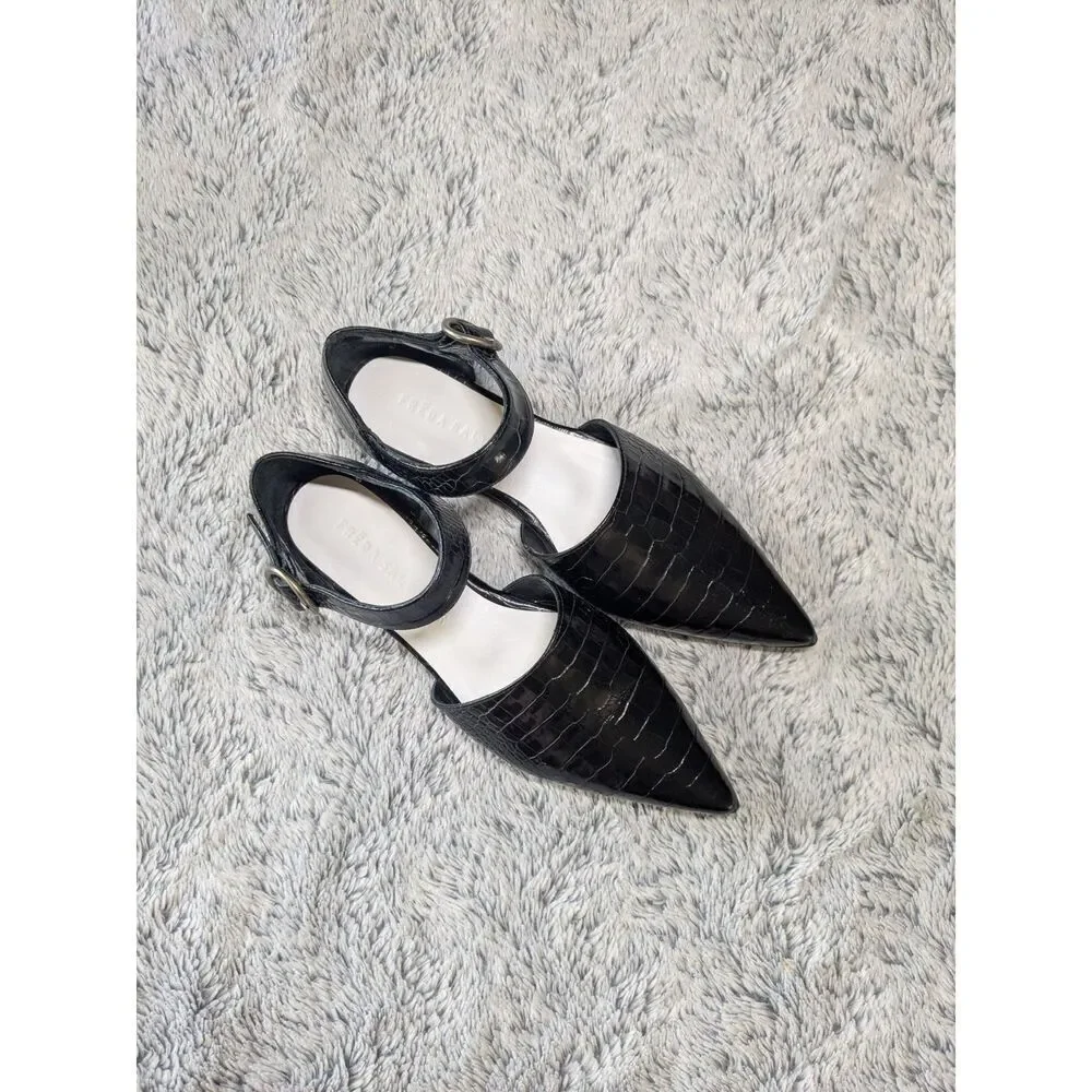 NEW Freda Salvador D'orsay Flats Black Point Ankle Strap Leather Croc Size 7